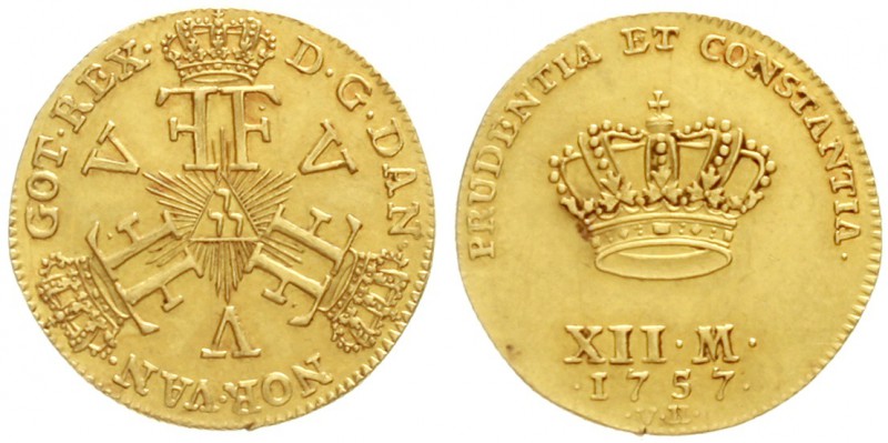Dänemark
Frederik V. 1746-1766
Kurant-Dukat (12 Mark) 1757 VH. Sog. Sträleduka...