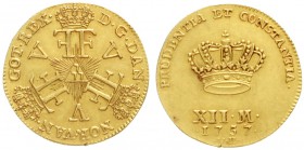 Dänemark
Frederik V. 1746-1766
Kurant-Dukat (12 Mark) 1757 VH. Sog. Sträledukat. 3,14 g.
vorzüglich/Stempelglanz, min. Randfehler, selten