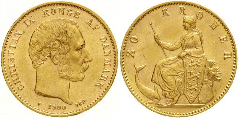 Dänemark
Christian IX., 1863-1906
20 Kronen 1900 VBP. 8,96 g. 900/1000.
vorzü...