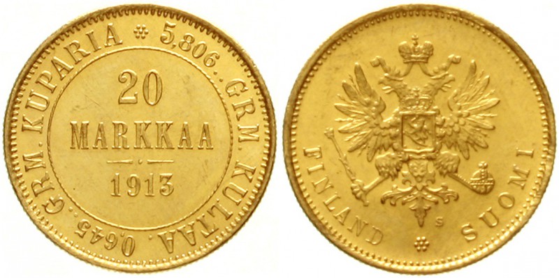 Finnland
Nikolaus II., 1894-1917
20 Markkaa 1913 S. 6,45 g. 900/1000.
fast St...