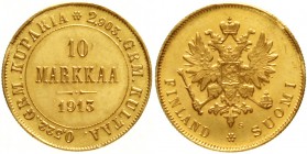 Finnland
Nikolaus II., 1894-1917
10 Markkaa 1913 S. 3,23 g. 900/1000.
prägefrisch, Schürfstellen am Rand