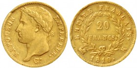 Frankreich
Napoleon I., 1804-1814/15
20 Francs 1810 K, Bordeaux. 6,45 g. 900/1000.
sehr schön, selten