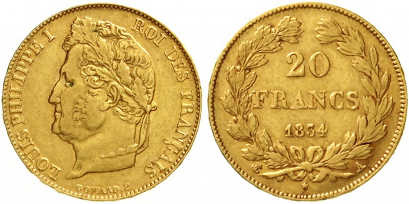 Frankreich
Louis Philippe I., 1830-1848
20 Francs 1834 A, Paris. 6,45 g. 900/1...