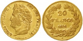 Frankreich
Louis Philippe I., 1830-1848
20 Francs 1836 A, Paris. 6,45 g. 900/1000.
fast sehr schön, kl. Randfehler