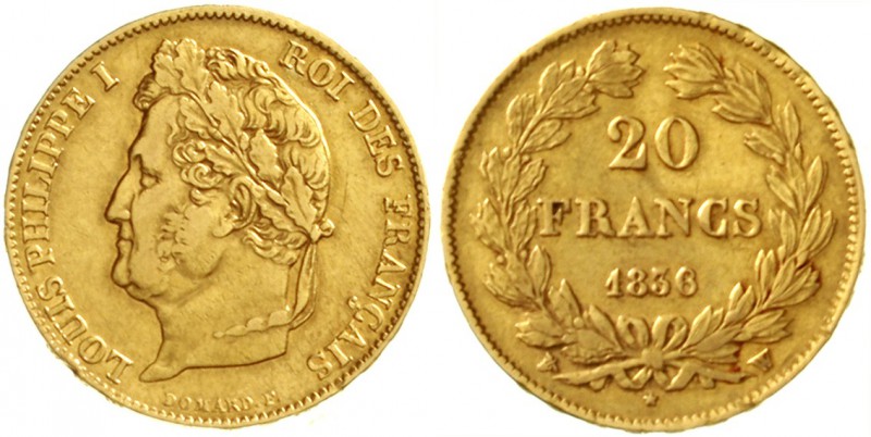 Frankreich
Louis Philippe I., 1830-1848
20 Francs 1836 W, Lille. 6,45 g. 900/1...