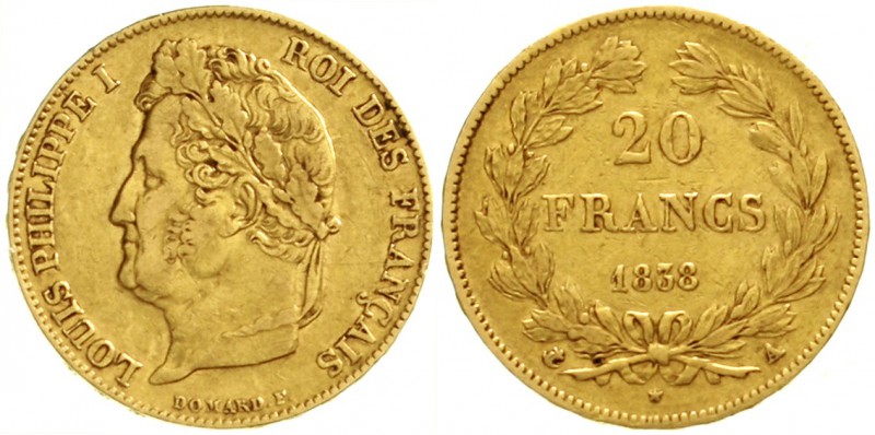 Frankreich
Louis Philippe I., 1830-1848
20 Francs 1838 A, Paris. 6,45 g. 900/1...