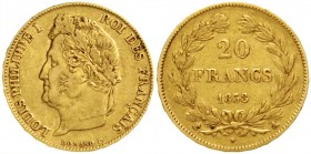 Frankreich
Louis Philippe I., 1830-1848
20 Francs 1838 A, Paris. 6,45 g. 900/1000.
sehr schön, kl. Kratzer