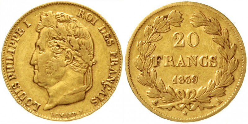 Frankreich
Louis Philippe I., 1830-1848
20 Francs 1839 A, Paris. 6,45 g. 900/1...