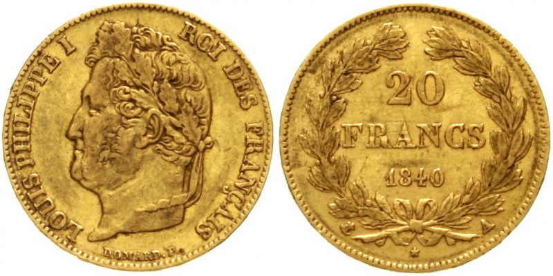 Frankreich
Louis Philippe I., 1830-1848
20 Francs 1840 A, Paris. 6,45 g. 900/1...