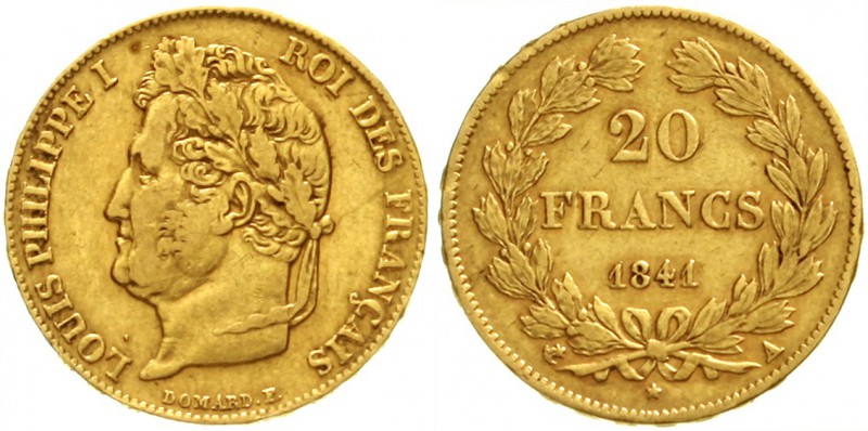 Frankreich
Louis Philippe I., 1830-1848
20 Francs 1841 A, Paris. 6,45 g. 900/1...