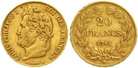 Frankreich
Louis Philippe I., 1830-1848
20 Francs 1841 A, Paris. 6,45 g. 900/1000.
sehr schön, kl. Randfehler und kl. Kratzer
