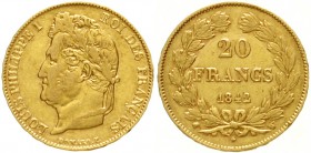 Frankreich
Louis Philippe I., 1830-1848
20 Francs 1842 W, Lille. 6,45 g. 900/1000.
sehr schön, kl. Randfehler
