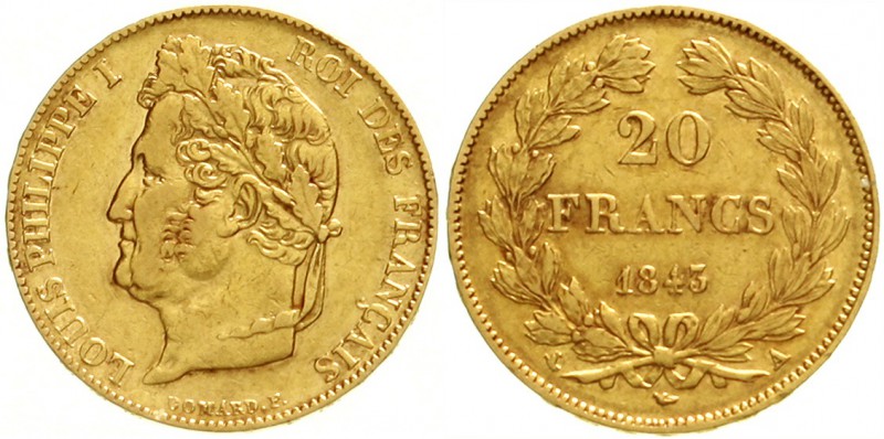 Frankreich
Louis Philippe I., 1830-1848
20 Francs 1843 A, Paris. 6,45 g. 900/1...