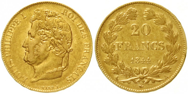 Frankreich
Louis Philippe I., 1830-1848
20 Francs 1844 A, Paris. 6,45 g. 900/1...