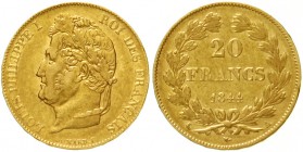 Frankreich
Louis Philippe I., 1830-1848
20 Francs 1844 A, Paris. 6,45 g. 900/1000.
sehr schön, kl. Randfehler