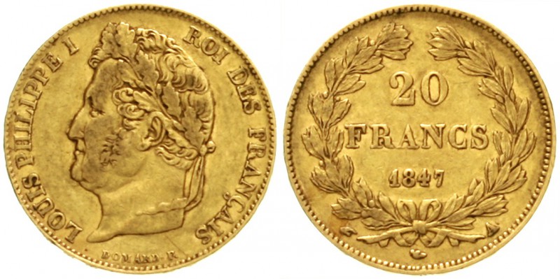 Frankreich
Louis Philippe I., 1830-1848
20 Francs 1847 A, Paris. 6,45 g. 900/1...