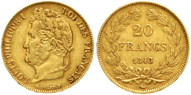 Frankreich
Louis Philippe I., 1830-1848
20 Francs 1848 A, Paris. 6,45 g. 900/1...