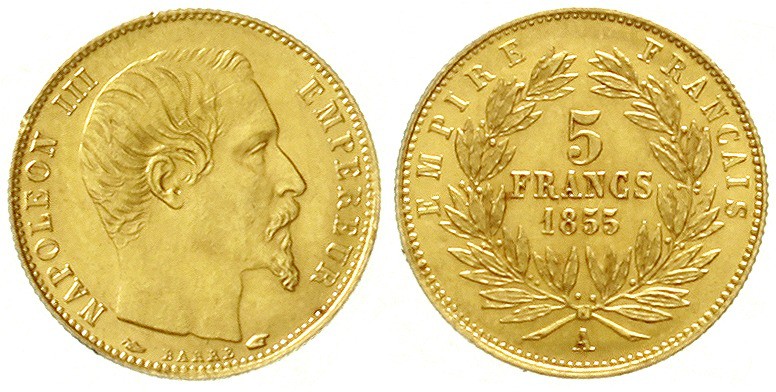 Frankreich
Napoleon III., 1852-1870
5 Francs "Petit module" 1855 A, Paris. vor...