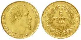 Frankreich
Napoleon III., 1852-1870
5 Francs "Petit module" 1855 A, Paris. vorzüglich/Stempelglanz, winz. Kratzer und min. Randfehler, selten in die...