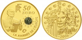 Frankreich
Fünfte Republik, seit 1958
50 Euro (Motivteile blau oxidiert) 2006. Europa, 120. Geburtstag Robert Schumann. 1 Unze Feingold, in original...