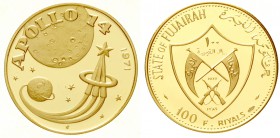 Fujairah (Emirat)
Muhammad bin Hamal al-Sharqi, 1952-1974
100 Riyals 1971. Apollo 14, 20,73 g. 900/1000. Auflage nur 550 Ex.
Polierte Platte, winz....