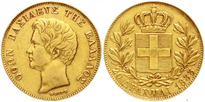 Griechenland
Otto von Bayern, 1832-1862
20 Drachmen 1833. 6,45 g. 900/1000.
s...