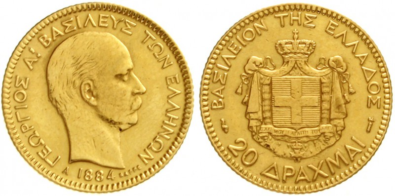 Griechenland
Georg I., 1863-1913
20 Drachmen 1884 A. 6,45 g. 900/1000.
sehr s...