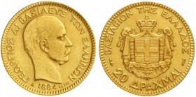 Griechenland
Georg I., 1863-1913
20 Drachmen 1884 A. 6,45 g. 900/1000.
sehr schön/vorzüglich, berieben