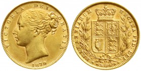 Grossbritannien
Victoria, 1837-1901
Sovereign 1870 mit Die Nr. 86. WW erhaben. 7,99 g. 917/1000.
vorzüglich/Stempelglanz