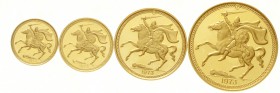 Insel Man
Elisabeth II., seit 1952
Goldmünzenserie zu 5, 2, 1 und 1/2 Sovereign 1973, Drachentöter. Insg. 62,22 g. Feingold. Auflage je 1250 Ex.
Po...