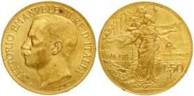 Italien- Königreich
Vittorio Emanuele III., 1900-1945
50 Lire 1911 R. 16,13 g. 900/1000.
vorzüglich/Stempelglanz, winz. Kratzer und Randfehler