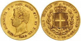 Italien-Sardinien
Carl Albert, 1831-1849
20 Lire 1832 P, Anker. Genua. 6,45 g. 900/1000.
sehr schön, winz. Randfehler