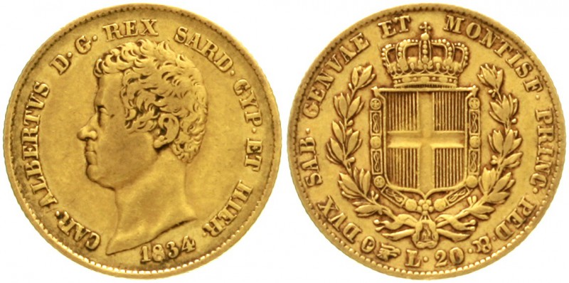 Italien-Sardinien
Carl Albert, 1831-1849
20 Lire 1834 P, Adlerkopf. Turin. 6,4...