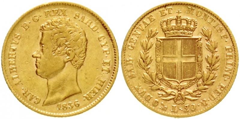 Italien-Sardinien
Carl Albert, 1831-1849
20 Lire 1836 P, Anker. Genua. 6,45 g....