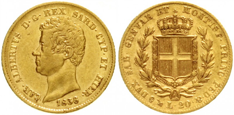 Italien-Sardinien
Carl Albert, 1831-1849
20 Lire 1838 P, Anker. Genua. 6,45 g....