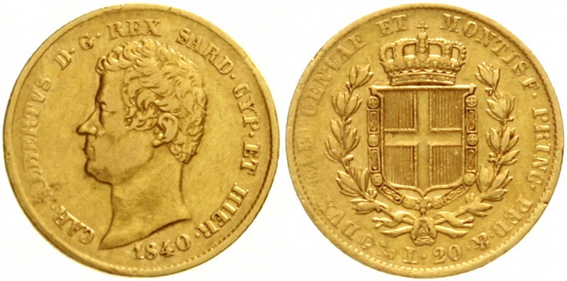 Italien-Sardinien
Carl Albert, 1831-1849
20 Lire 1840 P, Anker. Genua. 6,45 g....