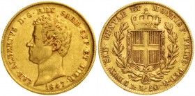 Italien-Sardinien
Carl Albert, 1831-1849
20 Lire 1847 P, Anker. Genua. 6,45 g. 900/1000.
sehr schön, kl. Randfehler