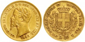 Italien-Sardinien
Victor Emanuel II., 1849-1878
20 Lire 1855 B, Adlerkopf. Fehlprägung mit EMMANVEL. 6,45 g. 900/1000
sehr schön, winz. Randfehler...
