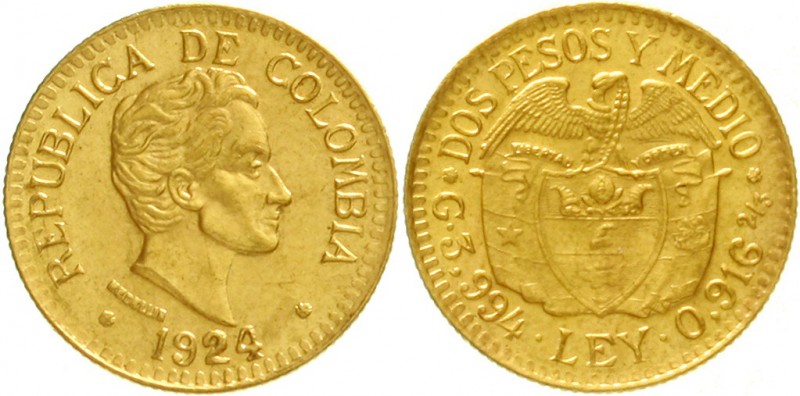 Kolumbien
Republik, seit 1820
2 1/2 Pesos 1924. 3,98 g. 917/1000.
vorzüglich