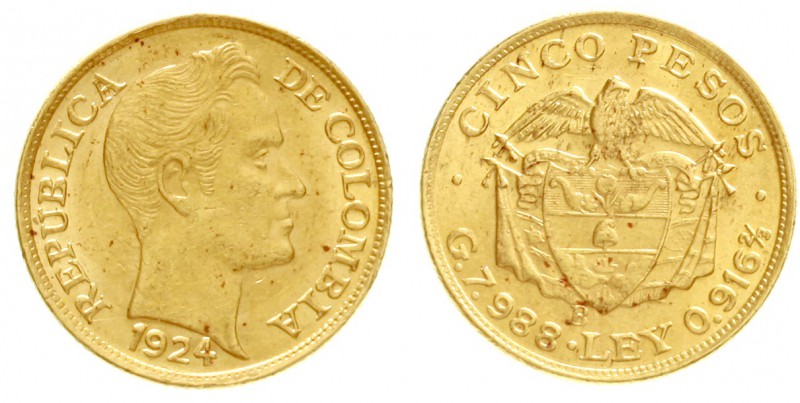 Kolumbien
Republik, seit 1820
5 Pesos 1924 B. B direkt am Wappen. 7,99 g. 917/...