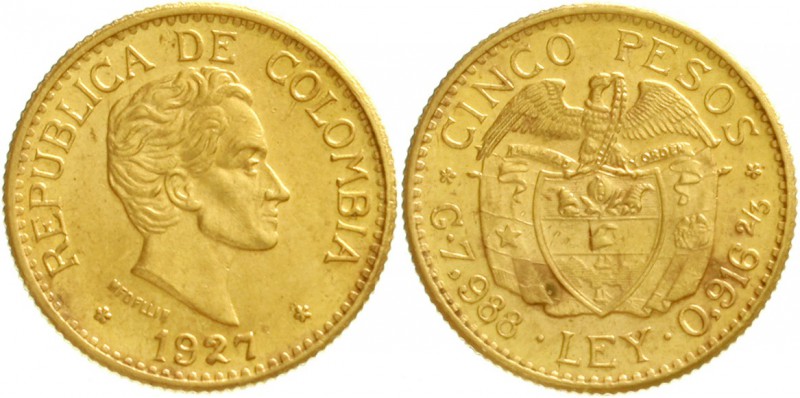Kolumbien
Republik, seit 1820
5 Pesos 1927. Fehler MFDFLLIN. 7,99 g. 917/1000...