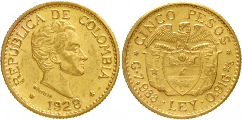Kolumbien
Republik, seit 1820
5 Pesos 1928. Fehler MFDFLLIN. 7,99 g. 917/1000....