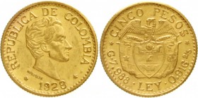 Kolumbien
Republik, seit 1820
5 Pesos 1928. Fehler MFDFLLIN. 7,99 g. 917/1000.
vorzüglich/Stempelglanz
