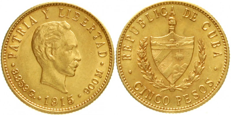 Kuba
1. Republik, 1898-1962
5 Pesos 1915. Kopf n.r./Wappen. 8,36 g. 900/1000
...