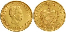 Kuba
1. Republik, 1898-1962
5 Pesos 1915. Kopf n.r./Wappen. 8,36 g. 900/1000
gutes vorzüglich