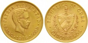 Kuba
1. Republik, 1898-1962
5 Pesos 1916. Kopf n.r./Wappen. 8,36 g. 900/1000.
vorzüglich/Stempelglanz