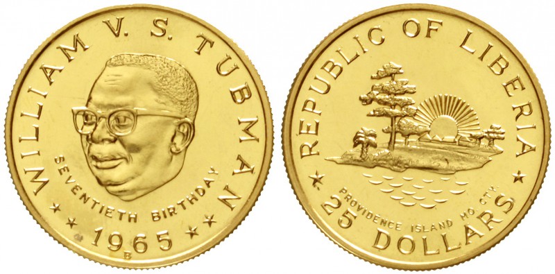 Liberia
Republik, seit 1847
25 Dollars 1965 B. 70. Geburtstag des Präsidenten ...