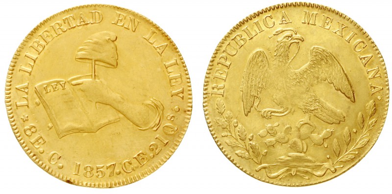 Mexiko
Republik, seit 1824
8 Escudos 1857 C CE, Culican. 27,02 g. 875/1000.
s...