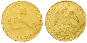 Mexiko
Republik, seit 1824
8 Escudos 1857 C CE, Culican. 27,02 g. 875/1000.
sehr schön/vorzüglich, Kratzer und kl. Randfehler
