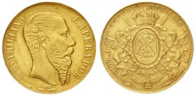 Mexiko
Maximilian 1864-1867
20 Pesos 1866 Mo, Mexico City. 33,84 g. 875/1000. Auflage nur 8274 Ex.
vorzüglich